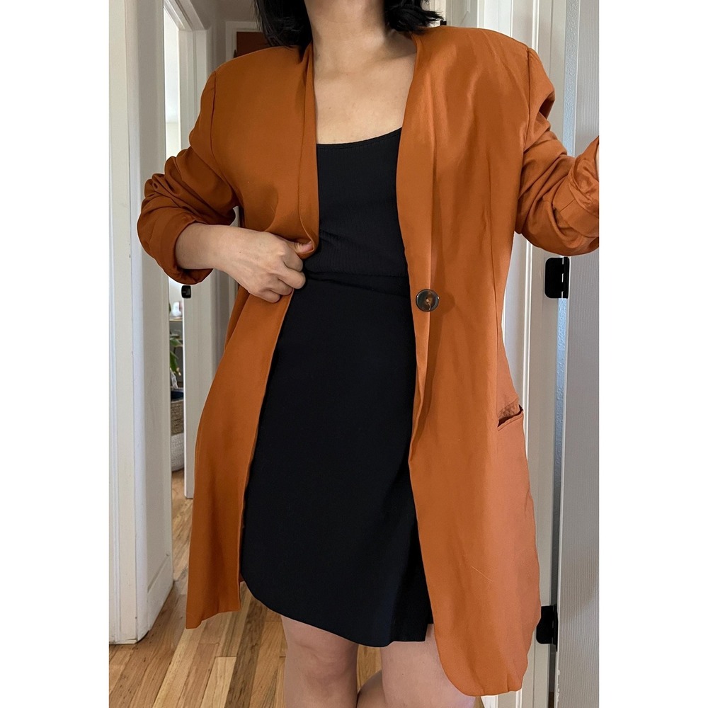 Vintage 90s orange long Rayon blazer oversized classic minimalist large office - Picture 10 of 15